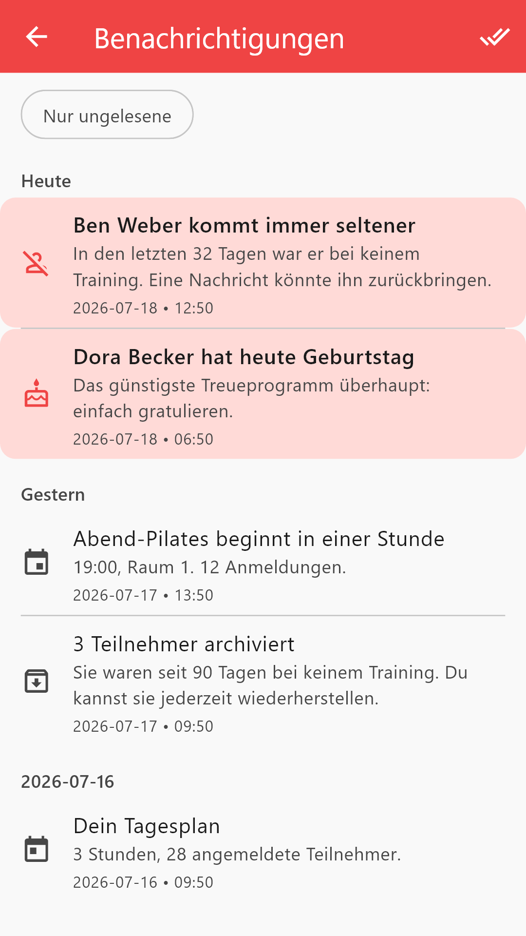 Attendlr-Benachrichtigungen: ein Teilnehmer, der wegbleibt, ein Geburtstag und ein Archivierungshinweis.