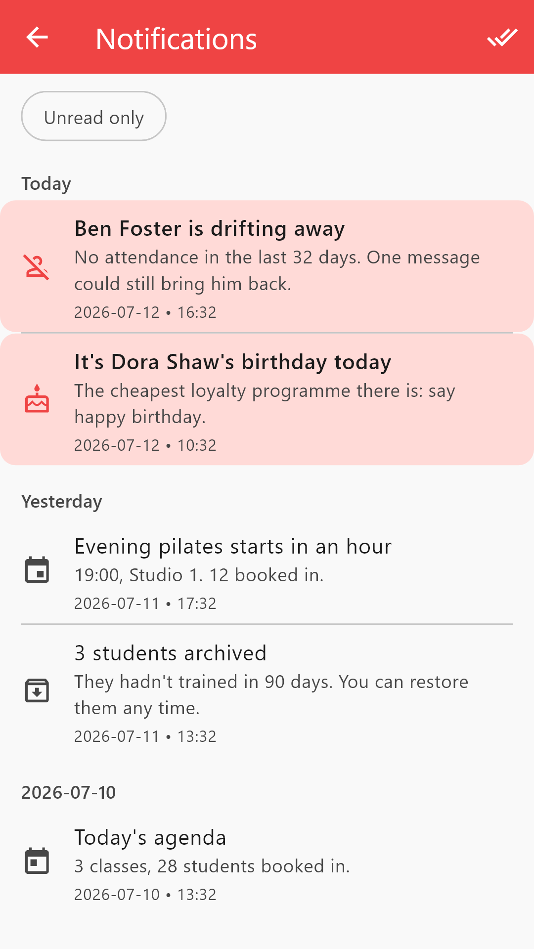 Attendlr notifications: a client who stopped coming, a birthday, and an auto-archive notice.