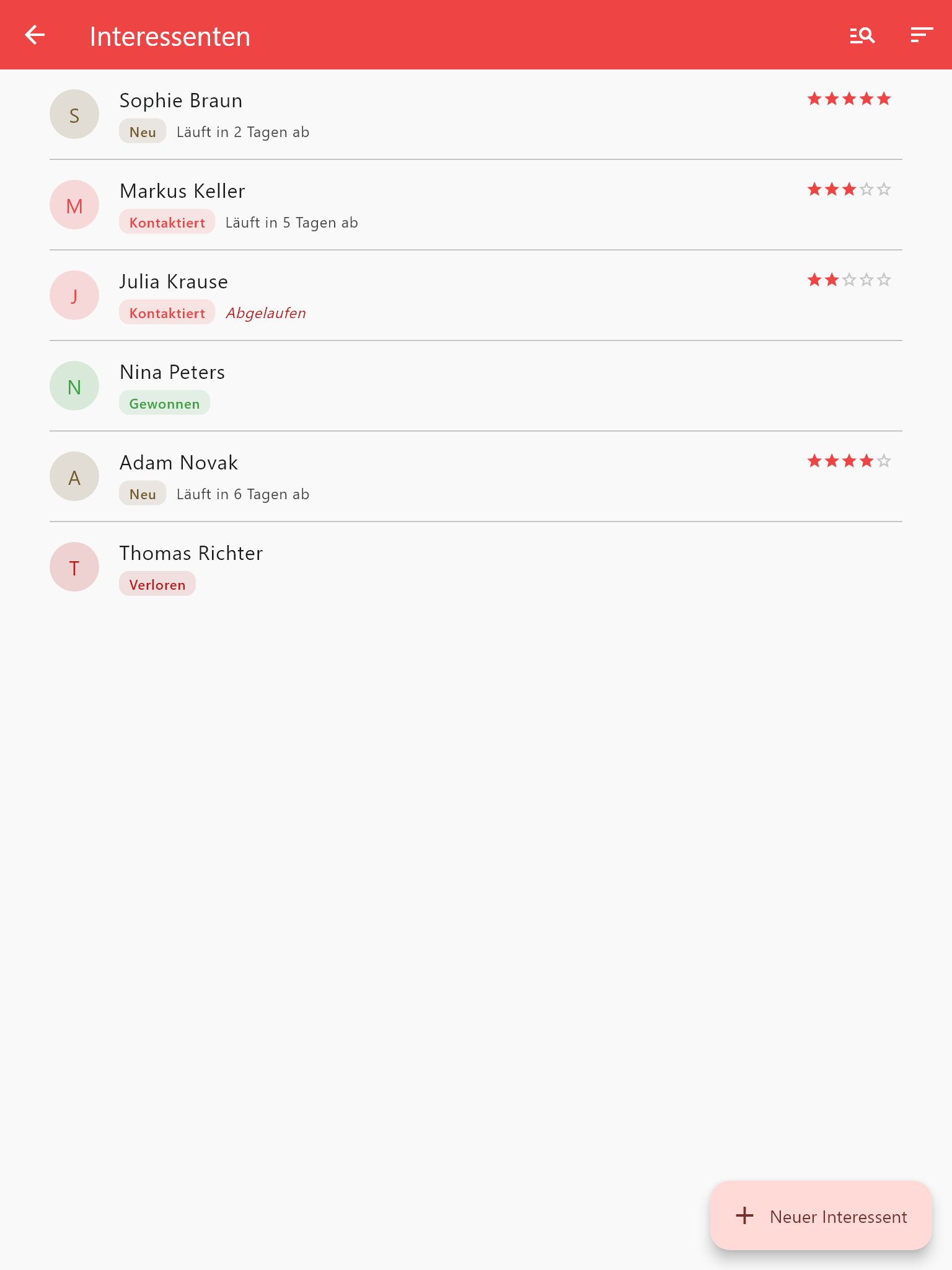 Die Attendlr-Interessenten-Pipeline: Interessierte mit Status, bereit zur Umwandlung in Teilnehmer.