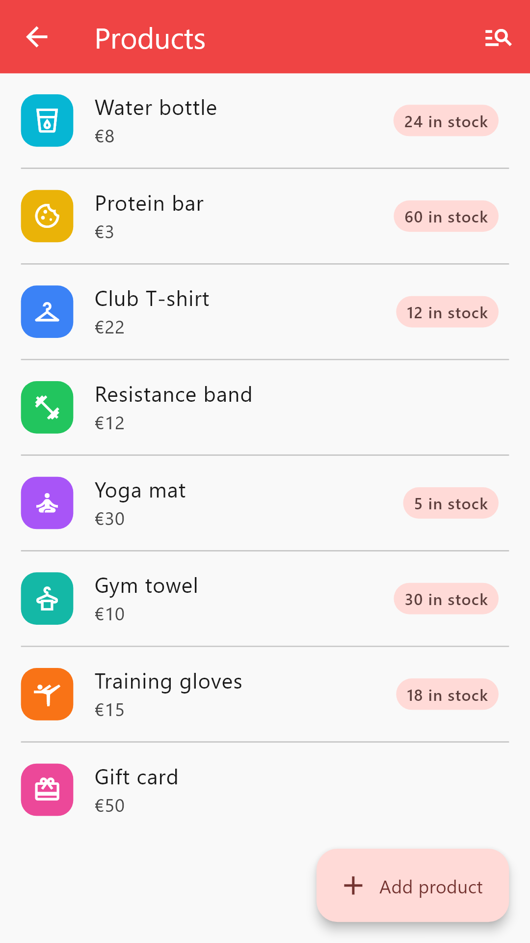 The Attendlr product catalog: items for sale with prices and stock levels.