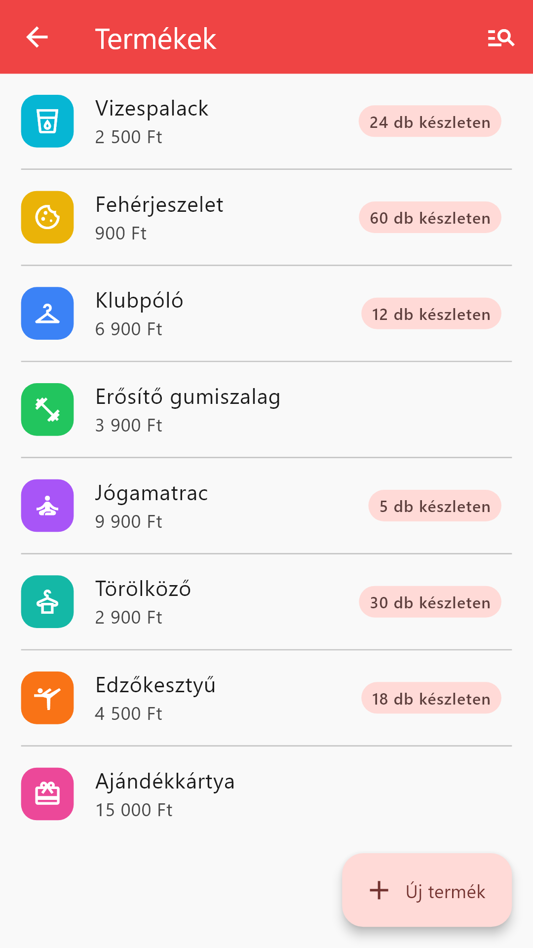 Az Attendlr termékkatalógusa: eladó tételek árral és készlettel.